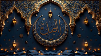 Ornate Illuminated Architectural Backdrop with Arabic Calligraphy and Geometric Patterns