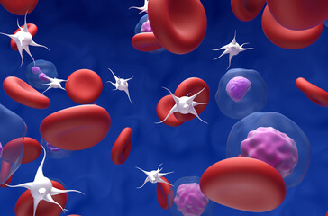 High level of RBC and platelet in Polycythemia vera (PV) - closeup view 3d illustration