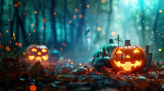 Halloween - Pumpkins In Spooky Forest With Tombs At Night - Abstract Defocused Background, Generative ai
