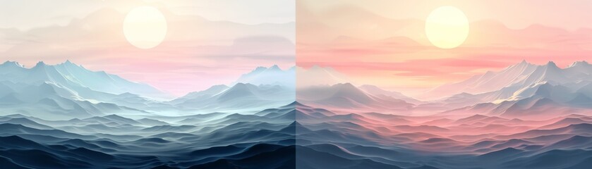 Wall Mural - The two images show a beautiful mountain range with a large sun in the sky