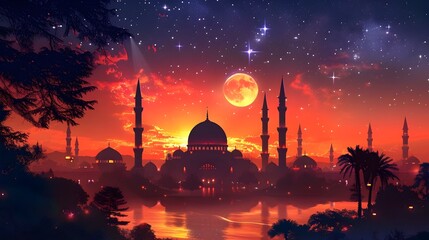 Aufkleber - Stunning Moonlit Mosque Skyline at Dusk in Middle Eastern City