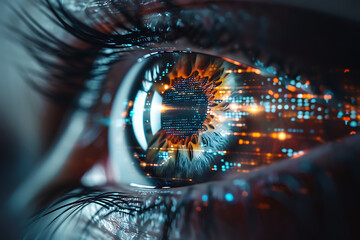 Close-up of a digital human eye with data and code reflected, symbolizing advanced technology and cyber intelligence.