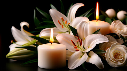 Burning candles and flowers on black background with space for text. Funeral concept