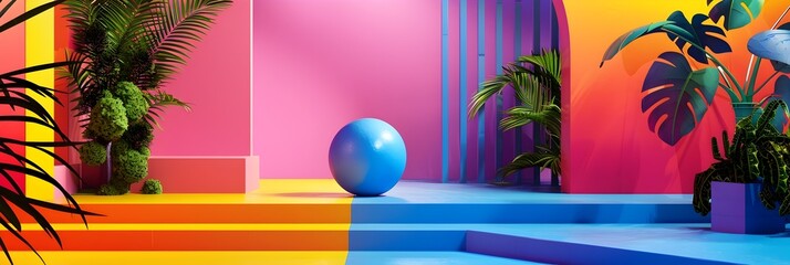 Poster - Tropical Sunset Paradise with Geometric Neon Poolscape