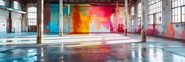 Poster - vibrant abandoned warehouse with colorful graffiti adorned walls and reflective floor