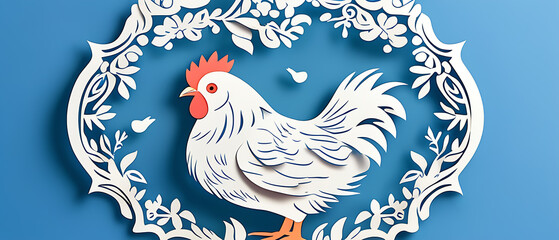 Wall Mural - A cute Hen on blue background, paper cut art.