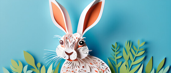 Wall Mural - A cute Hare on blue background, paper cut art.