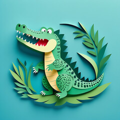 Sticker - A cute Crocodile on blue background, paper cut art.