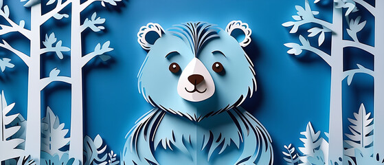 Wall Mural - A cute Bear on blue background, paper cut art.