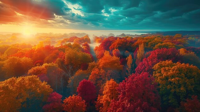 Stunning aerial view of brilliantly colored autumn forest with sunrise, vibrant foliage, and a clear sky, creating a breathtaking landscape.