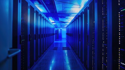 Poster - Blue-lit data center corridor: Rows of servers stretch into the distance, illustrating the scale and complexity of modern information storage