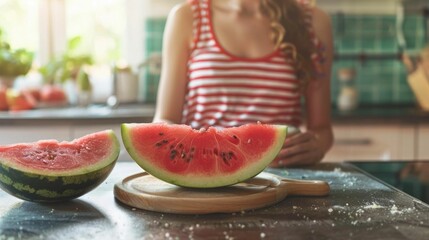 A young woman stands in a bright modern kitchen holding a freshly sliced ripe watermelon on a wooden cutting board placed on the kitchen counter
