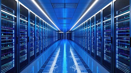 Poster - Blue-lit data center corridor: Rows of servers stretch into the distance, illustrating the scale and complexity of modern information storage