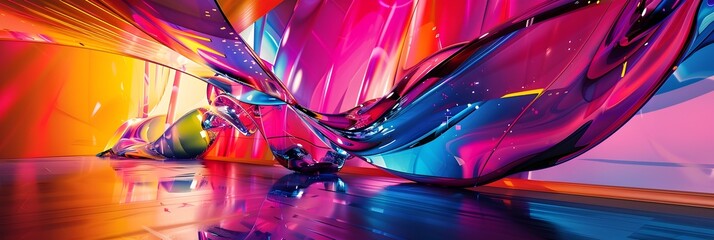 Poster - Vibrant Abstract Waves of Color and Light Cascading Through Dimensional Space