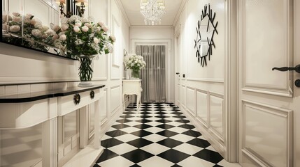 Wall Mural - Classic hallway with black and white checkered tile floor, white cabinet along one side, adorned with fresh flowers and vintage mirror above, natural light streaming in