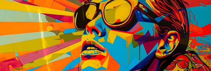 Poster - Vibrant and Energetic Digital Portrait with Sunglasses and Exploding Colors