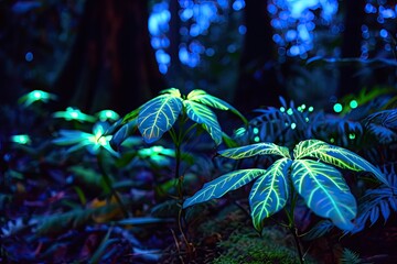 Aufkleber - a field of flowers with glowing blue flowers, Build a magical forest with bioluminescent plants