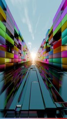 Fototapete - Vivid Horizons: Digital Art of a Colorful Corridor Leading to a Bright Horizon