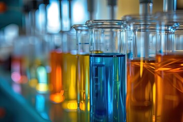 Poster - a row of test tubes filled with colored liquids, Capture the abstract beauty of lab safety equipment