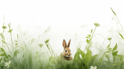 Wall Mural - rabbit, Easter spring greeting, young green grass on a white background of nature, wild animal in the field