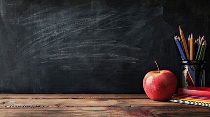 education and back to school concept. pencils stand as bus over wooden desk infront of classroom blackboard. AI generated illustration