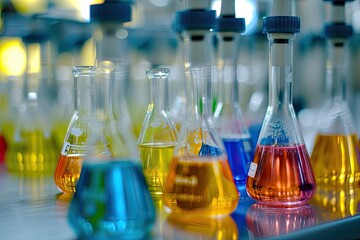 Poster - a row of test tubes filled with colored liquids, Capture the abstract beauty of lab safety equipment