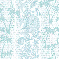 Wall Mural -  Art sea background with sea creatures and palm trees. Seamless vector pattern  on mosaic background. Perfect for design templates, wallpaper, wrapping, fabric, print and textile. Monochrome.