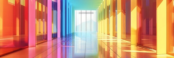 Poster - Vibrant Architectural Hallway A Captivating Journey Through Minimalist Symmetry and Color