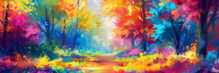Poster - Vibrant Autumn Forest with Winding Trail and Glowing Foliage