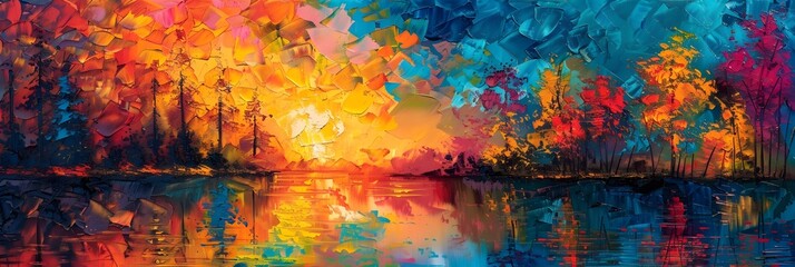 Poster - Vibrant Autumn Sunset Reflecting on a Tranquil Lake Surrounded by Colorful Foliage in a Serene Forest Landscape