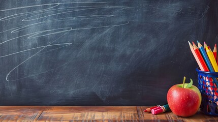 Wall Mural - education and back to school concept. pencils stand as bus over wooden desk infront of classroom blackboard. AI generated illustration