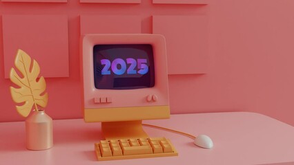 Aufkleber - Retro Computer Loading Animation Neon Typography for 2025: Dynamic Visual Progress Bars and Futuristic Countdown