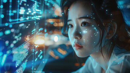 Female data analyst working with futuristic graphs and charts