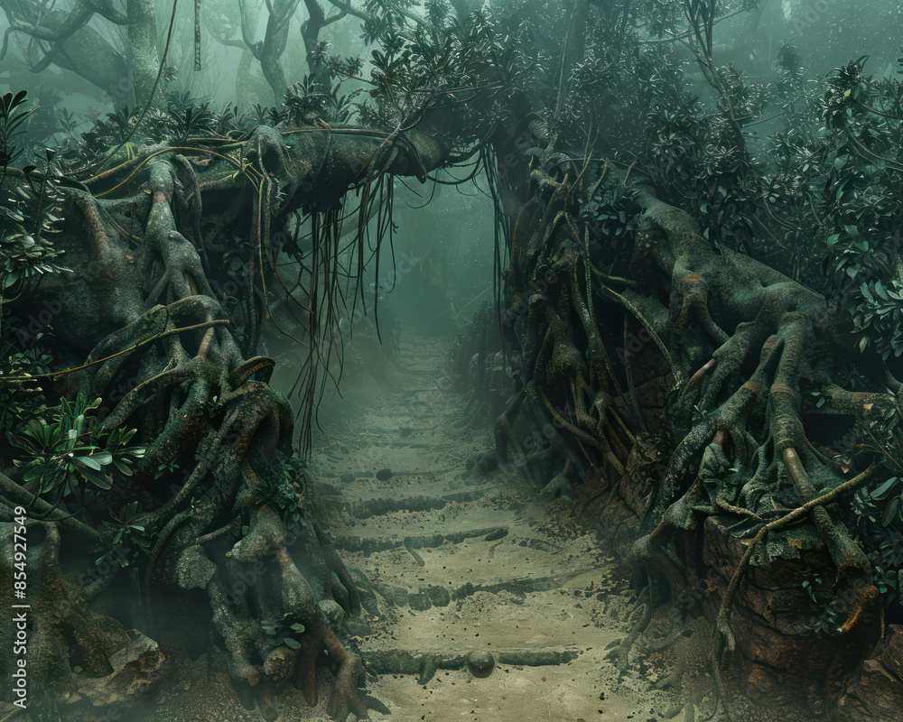 Enchanted Pathway Through Mystical Forest with Twisted Tree Roots and ...