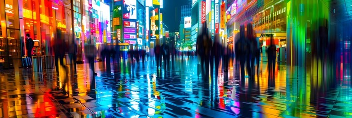 Leinwandbilder - Vibrant Cityscape Ablaze with Neon Lights and Reflective Puddles Creating a Captivating Atmosphere of Urban Energy and Dynamism