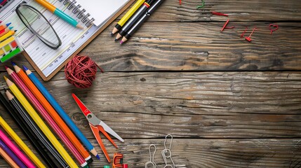 Wall Mural - School supplies on a wooden table with space for text, top view. AI generated illustration