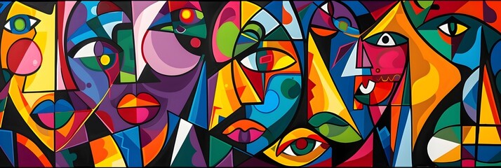 Poster - Vibrant Cubist Faces Composition with Geometric Shapes and Expressive Surreal Elements
