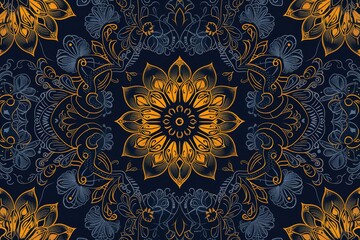 Poster - a blue and yellow floral pattern, a vector background with intricate floral patterns