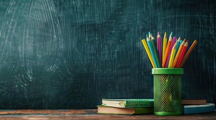 Wall Mural - Colorful school stationery on table on blackboard background. AI generated illustration