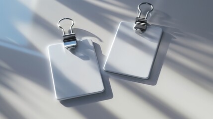 Two white id cards mockup with metal clips lie on smooth surface. Dramatic shadows. Clean, modern design template advertising image. Workplace tools mock up product photorealistic