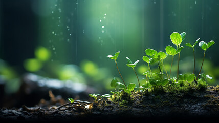 Wall Mural - green forest, dew drops and wet rain on young leaves and shoots in the depths of the green forest of