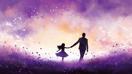 dad and daughter walk through a lavender field view from the back at sunset, spring landscape freedom and happiness