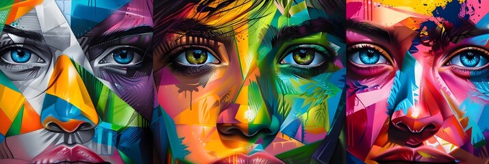 Aufkleber - Vibrant Faces Collage of Colorful Graphic Depicting Modern Abstract Expressions and Identities