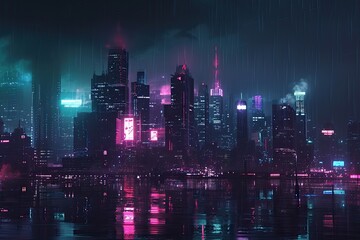 Fototapete - a city skyline with a neon light at night, Develop a cyberpunk city skyline at night