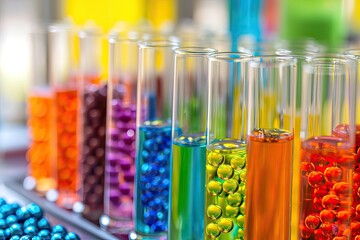 Poster - a row of test tubes filled with colored beads, Examine the chemistry of food additives