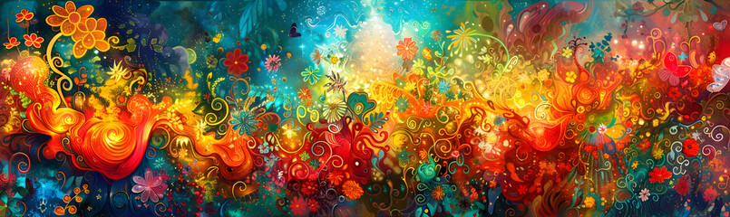 Aufkleber - Vibrant Floral Explosion of Color and Energy in a Fantastical Dreamlike Landscape