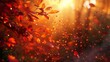 © UMAR SALAM - A mesmerizing autumn background featuring a lush forest scene bathed in the warm glow of the setting sun. Vibrant red leaves cascade from the branches, swirling in the gentle breeze.