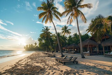 Wall Mural - Idyllic beachside resort with palm trees, thatched umbrellas, and sun loungers welcomes the day with a peaceful sunrise