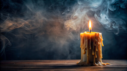 Wall Mural - burning and melting candle on dark background, Halloween gothic scary atmosphere background with copy space.