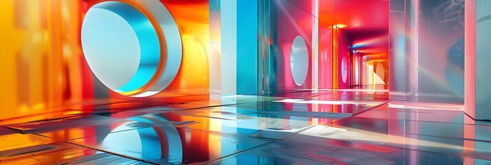 Poster - Vibrant Futuristic Architectural Hallway with Kaleidoscopic Reflections and Captivating Chromatic Lighting